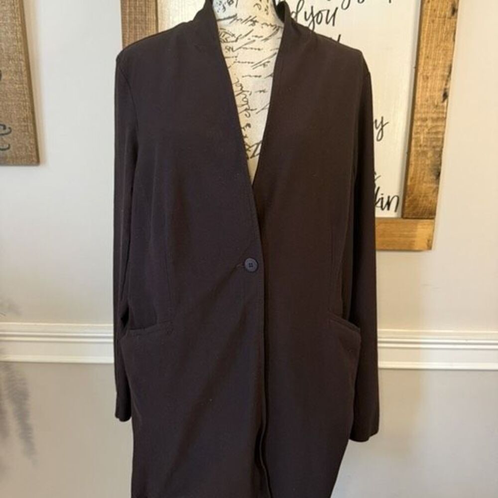 Eileen Fisher Women's Stretch-Crepe Stand-Collar Long Jacket Brown Size XL